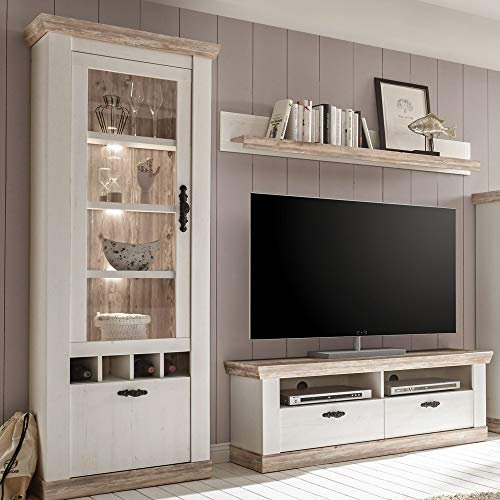 TV Wohnwand im Landhausstil mit Vitrine, Lowboard Wandregal, Pinie weiß und Oslo Nb., inkl. LED, B x H x T ca.: 215 x 201 x 44 cm