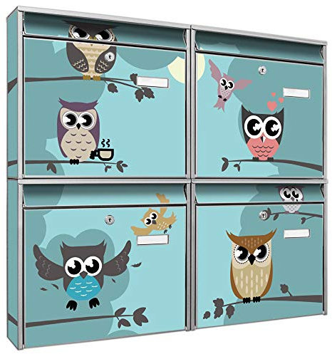 Briefkastenanlage 4 Fach | Postkästen 72x64x10cm groß | verzinkter Stahl schwarz DIN A4 Motiv Acht Eulen | Briefkasten Set 4 Briefkästen Namensschild, 2 Schlüssel, Montagematerial