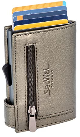 SecWal Kartenetui mit Münzfach Reißverschluss - Made in Germany - Echtleder Geldbörse inkl. E-Book für Damen und Herren - RFID Schutz Portemonnaie Leder - Geldbeutel klein (Metallic Grau)
