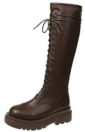 Stivale Donna al Ginocchio Tacco Basso di Pelle Stringati Stivaletti Alti Inverno Militare Biker Anfibi A metà Polpaccio Stivali,Marrone,39 EU
