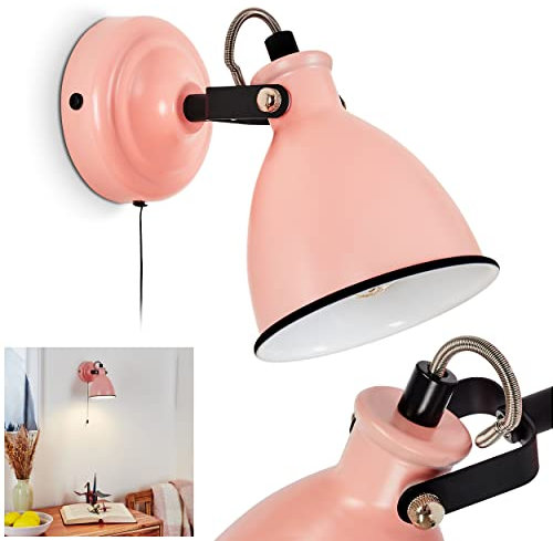 Wandleuchte Selki, moderne Wandlampe aus Metall in Pink matt/Weiß/Schwarz mit verstellbarem Strahler, Leuchte im Retro/Vintage-Design mit Zugschnur am Gehäuse, 1-flammig, 1 x E14, ohne Leuchtmittel