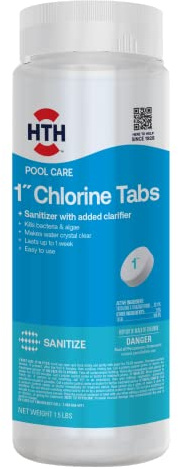 HTH 42049 Pool Care 1 Chlorine Tabs, Swimming Pool Sanitizer with Added Clarifier - Eliminates Bacteria & Algae, Makes Water Clean & Crystal Clear, Sanitizes & Protects - Slow Dissolving, 1.5 lbs