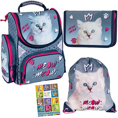 Goldkids Schulranzen Katze Cat Motiv ergonomischer Ranzen Federmappe Turnbeutel Aufgabenheft für die Grundschule 4er Set. Geeignet ab der ersten Klasse der Grundschule.