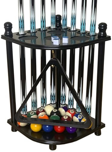 GACCO BILLIARDS Floor Pool Cue Rack Hold 8 Cue Sticks & Billiard Accessories. Corner Stand Pool Cue Holder Made of 100% Solid Hardwood. Provided Ball Rack Hook. CUE RACK ONLY (Black)