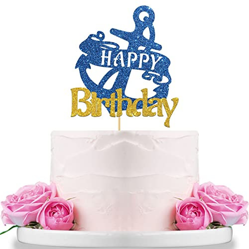WeBenison Anchor Happy Birthday Cake Topper, Blue Glitter, 1 Count, 5.2 Inches x 4 Inches, Non-Edible, Birthday Occasion
