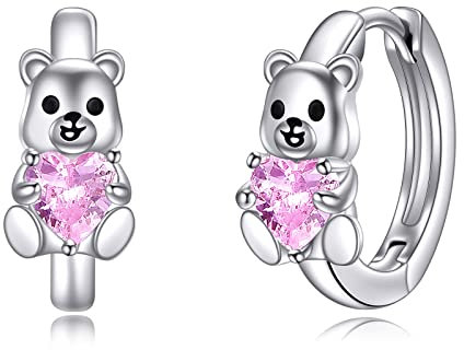 VONALA Einhorn/Faultier/Katze/Schwein/Kuh/Frosch/Hase/Koala Creolen Ohrringe, 925 Sterling Silber Tier Schmuck mit Rosa Zirkonia für Damen Mädchen Kinder (Teddybär)