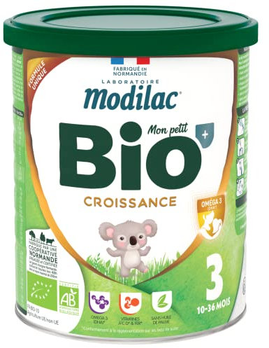 Modilac - Lait Infantile en Poudre Bio+ Croissance - Lait Écrémé Français, Riche en Acides Gras Essentiels, Certifié AB, Fabriqué en France Sans Huile de Palme - 12 à 36 Mois - 800g