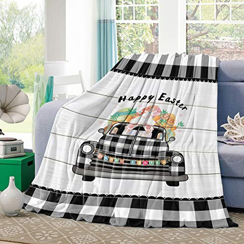 Couchdecke Ostern-Büffel-Karierter LKW Mit Kaninchen-Eier-Holzbrett Microplush Bettüberwurf Falten Beständig Fleecedecke Für Reise Couch Weihnachten 80x60