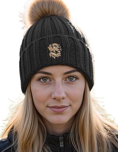 The House Of Dog: Golden Retriever Mütze mit Bommel aus Kunstfell, super weich, Unisex, bestickt, Schwarz , One size