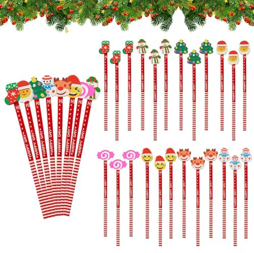 SOETDERT Lot de 32 crayons de Noël avec gommes - Pour l'école HB - Stylos de Noël pour enfants - Père Noël - Crayons pour arbre de Noël - Pour anniversaire
