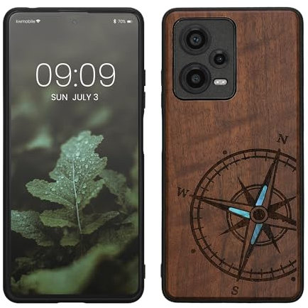 kwmobile Hülle kompatibel mit Xiaomi Redmi Note 12 Pro+ 5G / Note 12 Pro Plus 5G Hülle - Holz Case - Handy Cover - TPU Handyhülle in Dunkelbraun Vintage Kompass mit Perlmutt