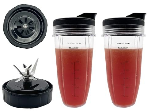 Blender 24 oz Cups & 7 Fins Blade 703KKU100 Replacement Parts Compatible with Ninja Foodi Power SS100 SS101, SS150 Twist, SS151 Twisti, SS300 SS350 SS351 SS400 SS401 CO101B CO150B CO351B CO401B