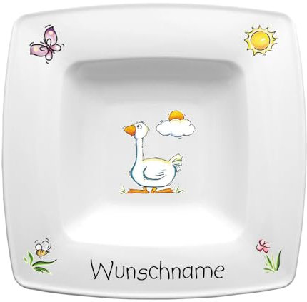 Doriantrade Suppenteller eckig 22cm Kinderteller Teller Porzellan Gans personalisierbar mit Wunschname Name Kindergeschirr mit Namen personalisiert