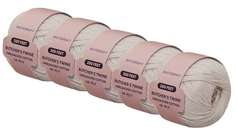 Lot de 5 ficelles de cuisine en coton de qualité alimentaire pour rôtir, faire cuire la dinde, attacher la viande, faire des saucisses, cuire et plus naturel 15 plis, 60 m, 2 mm