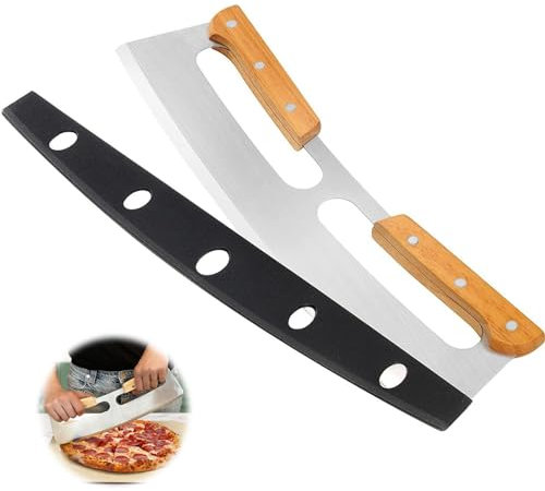 35CM Large Pizza Cutter with Cover and Wooden Handle Stainless Steel Pizza Rocker Knife Pizza Cutter Rocker Wheel Pizza Slicer for Homemade Baking Dough Bread BBQ