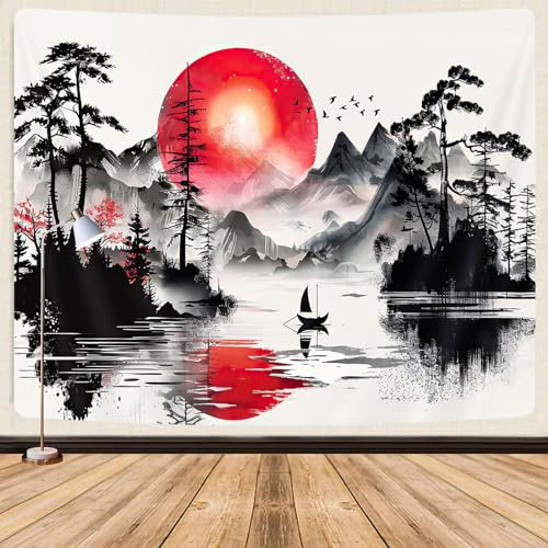 Japanischer Wandteppich mit rotem und schwarzem Wald, Anime, Bergbaum, Sonne, ästhetischer Wandbehang für Männer, coole asiatische dunkle Naturlandschaft, Wandteppiche, Tintenkunst-Dekor für