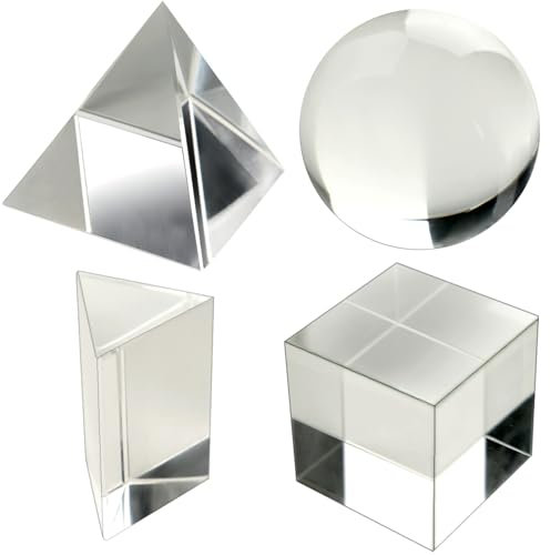LPKADQA K9 Optical Crystal Photography Prism Set, 4 Pack Include 55mm Crystal Ball, 50mm Crystal Cube, 50mm Triangular Prism, 60mm Optical Pyramid for Teaching, Playing, Photography
