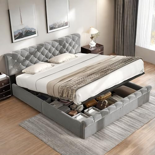 Lit coffre 160x200 avec sommier à lattes et tête de lit,lit 2 personnes avec rangement bois,cadre de lit pour adultes,lit capitonné avec sommier,lit double avec rangement,lit adultes,velours,gris