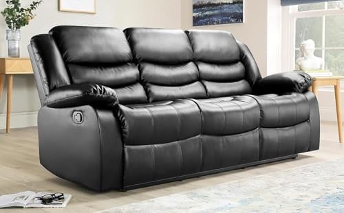 Generico Divano Reclinabile in Pelle Nero 3 Posti | Divano Relax di Lusso con Portabicchieri, Struttura in Legno e Cuscini ad Alta Densità – Perfetto per Soggiorno e Home Theater