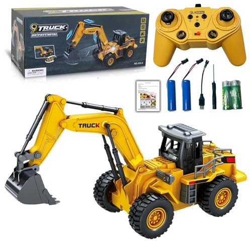 LioMaxi 9 Canale 1:16 quattro ruote escavatore telecomandato giocattolo,con luci e suono, pala in metallo,2.4G telecomando senza fili,Trattore Digger Giocattoli per bambini,per Regali Per Bambini