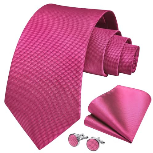HISDERN Cravate Rose Hommes Mouchoir Bouton de Manchette Solide Cravate Framboise Ensemble Formel Fête de Mariage Cadeaux