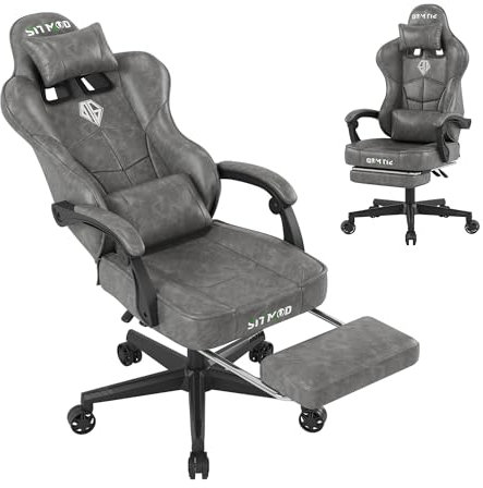 Bürostuhl Gaming Stuhl, Ergonomischer Gamer Stuhl mit Fußstütze und Kopfstütze Lendenwirbelstütze, Großer PC Stuhl Höhenverstellbarer Dreh PU Leder 360° Drehsessel Task Stühle-Grau