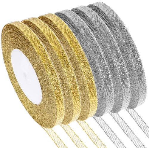 YUXIANLB 6 Rollen Glitzer-Metallic-Band 0 6 Cm X 22 M Gold Silber Glitzerndes Stoffband Zum Verpacken Von Geschenken Für Hochzeiten Geburtstage Weihnachten Festdekorationen DIY Bastelprojekte