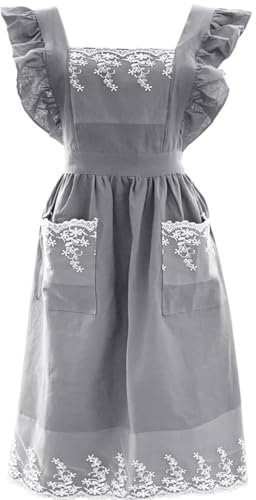 Genérico Delantal para mujeres, con 2 bolsillos, vestido de encaje de algodón cruzado ajustable delantal para mujeres, para jardinería, cocina, pintura, limpieza, manicura, 4 colores (grey)