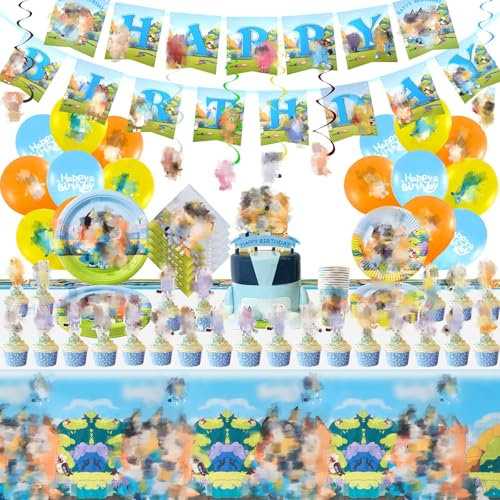 Sidesea Vajilla para Fiestas Decoraciones de cumpleaños, 111 Piezas, decoración para Fiestas, Adornos para Tartas de cumpleaños, Platos Decorativos, Platos de Papel, Globos de cumpleaños Infantiles