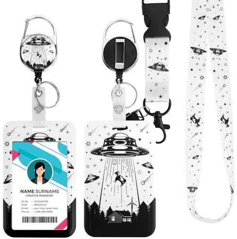 GADITIEK Porte-carte d’identification avec ruban, cordon de dérivation pour carte rétractable, clips de porte-nom amovibles, sangle de cou, cadeau de bureau pour enseignants (OVNI)