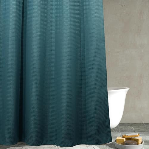 Rideau de douche gaufré vert sarcelle : rideau de douche en tissu texturé robuste pour salle de bain - Imperméable et lavable en tissu polyester épais - 183 x 200 cm de hauteur
