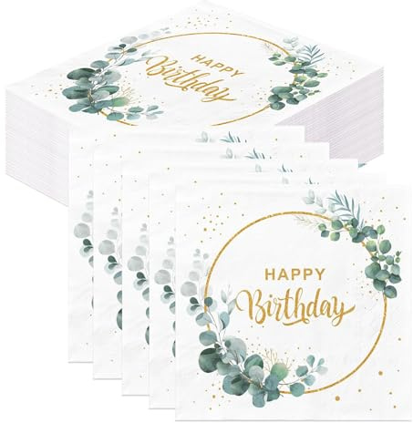 40 Stück Happy Birthday Servietten Salbeigrün, Servietten Geburtstag, Servietten Eukalyptus Grün, Festliche Tischdeko für Party, Kindergeburtstag, Frau & Mann