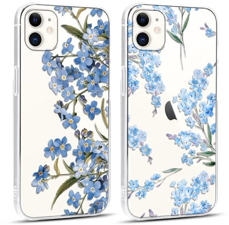 Yirlbey 2 Transparent Stück Handyhülle für iPhone 12 Mini Hülle, Aesthetic Blumen Muster Mädchen Cover, Silikon Case Durchsichtig Schlanke Slim Stoßfest Schutzhülle für iPhone 12 Mini 5,4, Blaue