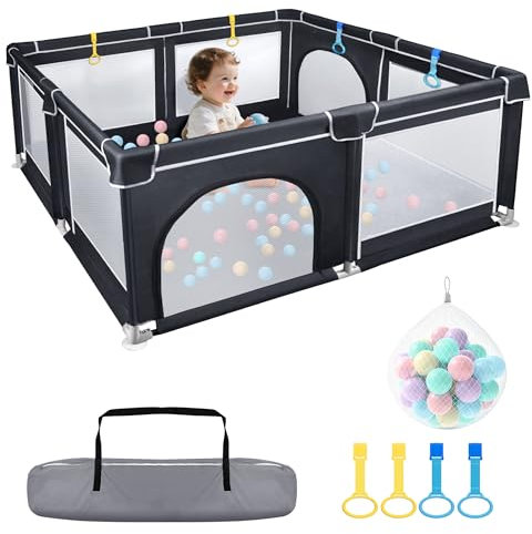 FIVMEN Laufstall Baby 150x180 cm Laufgitter Bällebad mit 50 Bällen, Atmungsaktivem Netz und 4 Zugringen Baby Playpen Aktivitätszentrum Absperrgitter Schutzgitter, Schwarz