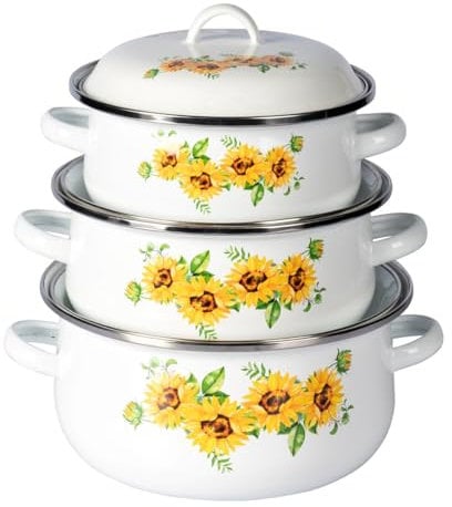 genialo Emaille-Topfset „Sonnenblume“ - 6-teilig, weiß, mit Deckel, 3 Größen, spülmaschinengeeignet, für alle Herdarten, platzsparend