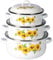 genialo Emaille-Topfset „Sonnenblume“ - 6-teilig, weiß, mit Deckel, 3 Größen, spülmaschinengeeignet, für alle Herdarten, platzsparend
