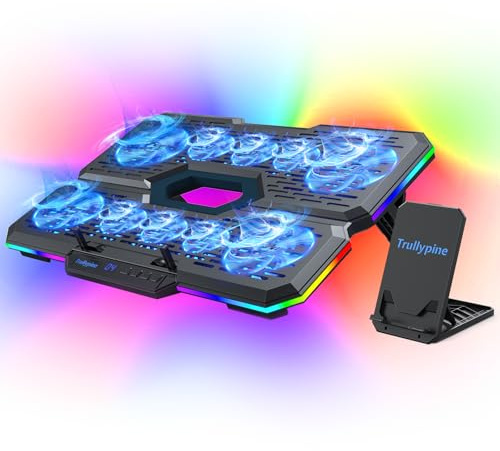 Trullypine Laptop Cooling Pad, Gaming Laptop Cooler with 10 Quiet Fans, Height Adjustable Laptop Cooling Stand for 12-17 Laptops, RGB Lights with Laptop Fan with 2 USB Port and Phone Stand