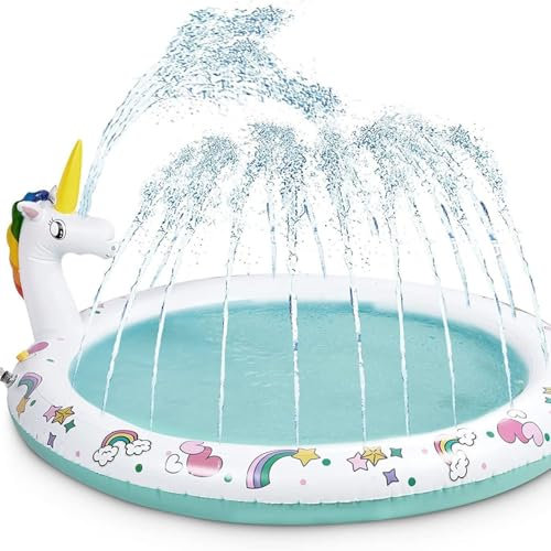 Pataugeoire gonflable et bassin licorne antidérapant pour adultes, jardin, activités d'été, piscine familiale longue durée avec arroseur et matelas gonflable, anti-fuite et légère (170 x 140 cm)