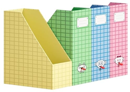 JiaWei 4 Stück Animal Stehsammler A4, 10,5cm Breit Zeitschriftensammler, Aus 1800 g/m² Extra Stabilem Karton, Stehordner, Zeitschriftenständer, Zur Aufbewahrung Von Büchern Dokumenten Bürobedarf-Bunt