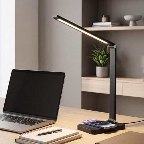 LQWELL Touch LED Schreibtischlampe, Faltbar Nachttischlampe, Ladenfunction, 3000K-6000K & Helligkeit Dimmbare, 90° Drehung, 1.5m Netzkabel, 1 Stecker, Schwarz
