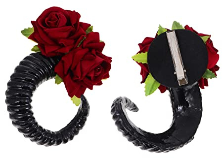 Healeved RAM Horn Haarreif mit Rosen Dekoratives Cosplay Kopfschmuck Halloween Accessoire Modisches Stirnband für Party und Fotografie ein Schwarzer Hörner mit Zwei Rosen