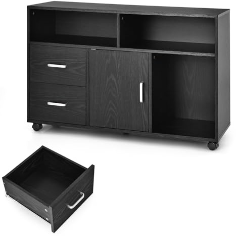 GIANTEX Aktenschrank auf Rollen, Rollcontainer mit Schubladen, mobiler Druckerständer für Home-Office & Büro, für Ordner, Dokumente, Papiere (Schwarz,100 x 35 x 65,5cm)