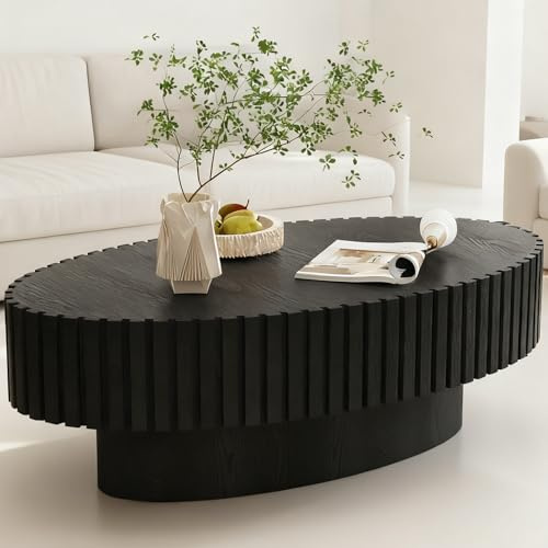 Wxnnx Ovaler Couchtisch Landhausstil Modern | Mit Geriffelter Trommeloptik & Stabilem Sockel | Handgefertigt aus Hochwertigem Material für Wohnzimmer, Apartment, Kleine Räume | Einfache Montage