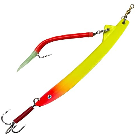 Mega Fishing MF Bergmann Pilker mit Fluo Gummi-Makk BLEIFREI - Taumelpilker Bananenpilker - Norwegen Meeres Köder Dorschköder 200 bis 500g