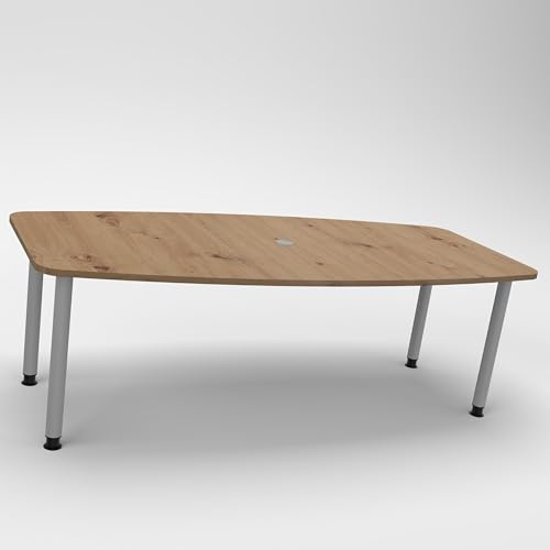 Konferenztisch KONTI 220x103 cm – ovaler Besprechungstisch in Asteiche mit silbernen Rundrohrfüßen & Kabelauslass, Meetingtisch für 6–8 Personen, moderner XXL-Tisch fürs Büro & Besprechungsraum