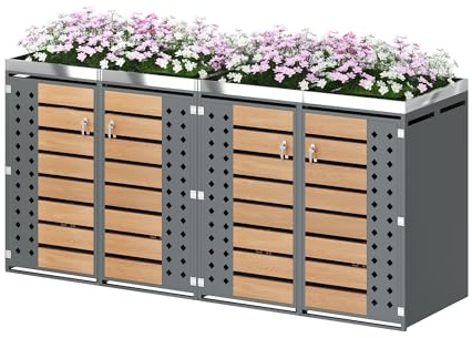ACAGALA Mülltonnenbox 4er mit Pflanzendach, Mülltonnenverkleidung für 4 Tonnen 120 und 240 Liter, Mülltonnenhaus aus Edelstahl mit Diamantförmiges Hohltürpaneel, Abschließbar, Anthrazit Holzoptik