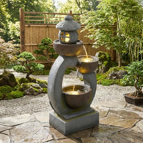 Xwiny Gartenbrunnen mit LED Beleuchtung für Garten/Terrasse/Balkon, Brunnen, Zierbrunnen, Zimmerbrunnen, Schafft eine Ruhige Oase im Außenbereich, 25x44.5x95 cm, Steingrau