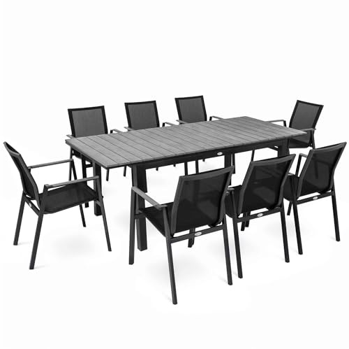 di volio Gartenmöbel-Set ausziehbar für 6-8 Personen Aluminium Miranno | Stapelstühle, Textilene-Sitzflächen, Nivellierfüße, Kunstholzplatte, pflegeleicht, UV-beständig, Terrasse, Balkon