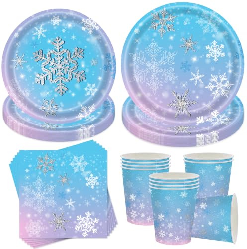 50 Stück Schneeflocke Partygeschirr Set,Schneeflocke Geburtstag Geschirr,Gebutstag Deko Partygeschirr,Wiederverwendbare Teller Becher Servietten Geburtstag Tischdekoration für 10 Gäste