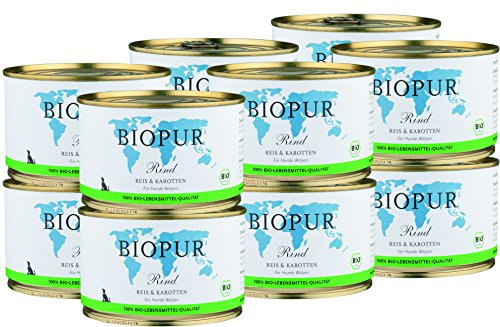 Premium Bio Hundefutter Rind, Reis & Karotten für Hunde-Welpen 12x400g